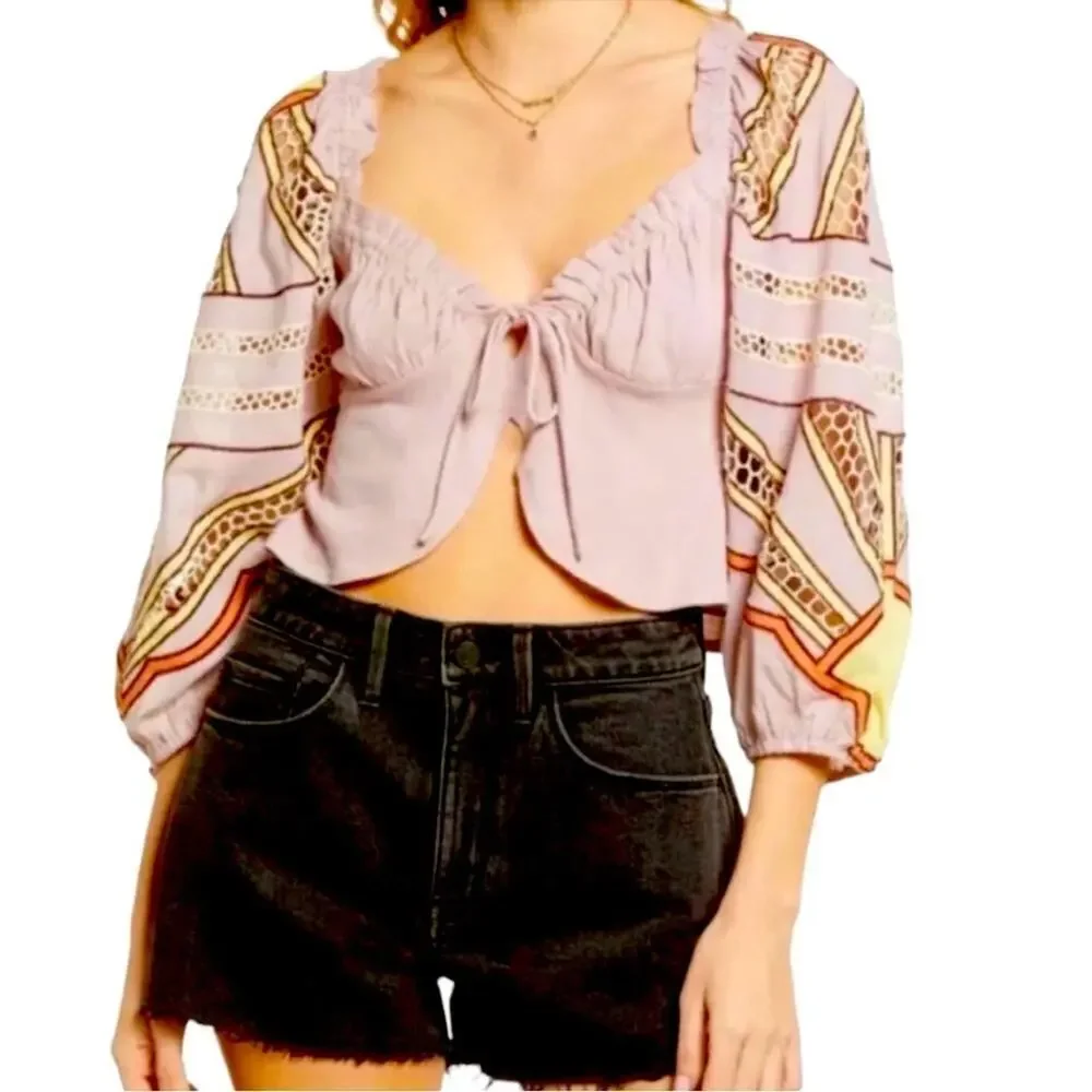Free People Sunrise Sunset Crochet Cotton Crop, Y2K, Lavender Boho Festival  L